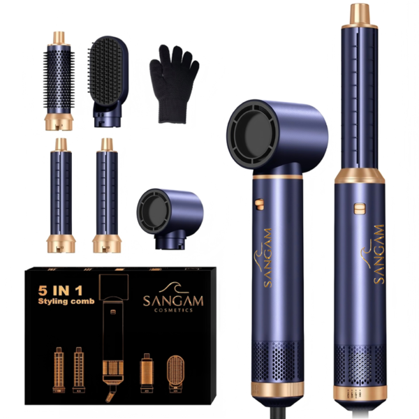 Salon Speed 5 In 1 Hair Styler with multiple attachments for drying, curling, smoothing, volumizing and straightening hair, premium gold and navy design