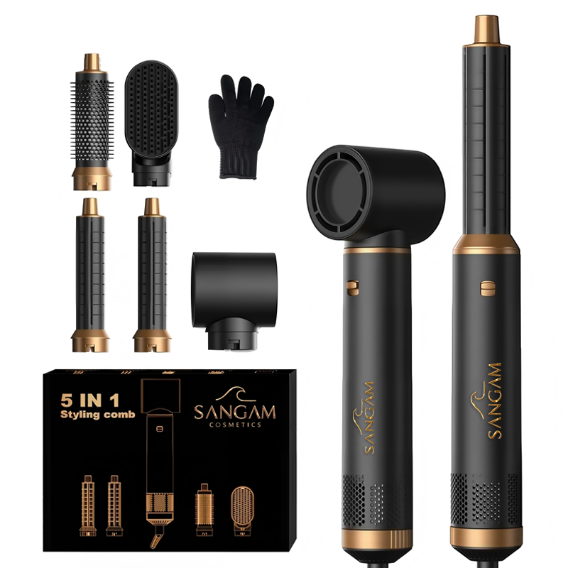 Salon Speed 5 In 1 Hair Styler with multiple attachments for drying, curling, smoothing, volumizing and straightening hair, premium gold and navy design