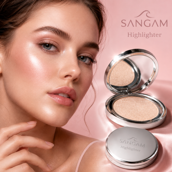 Sangam Highlighter Radiant Glow powder compact with lid open showing shimmering light highlighter
