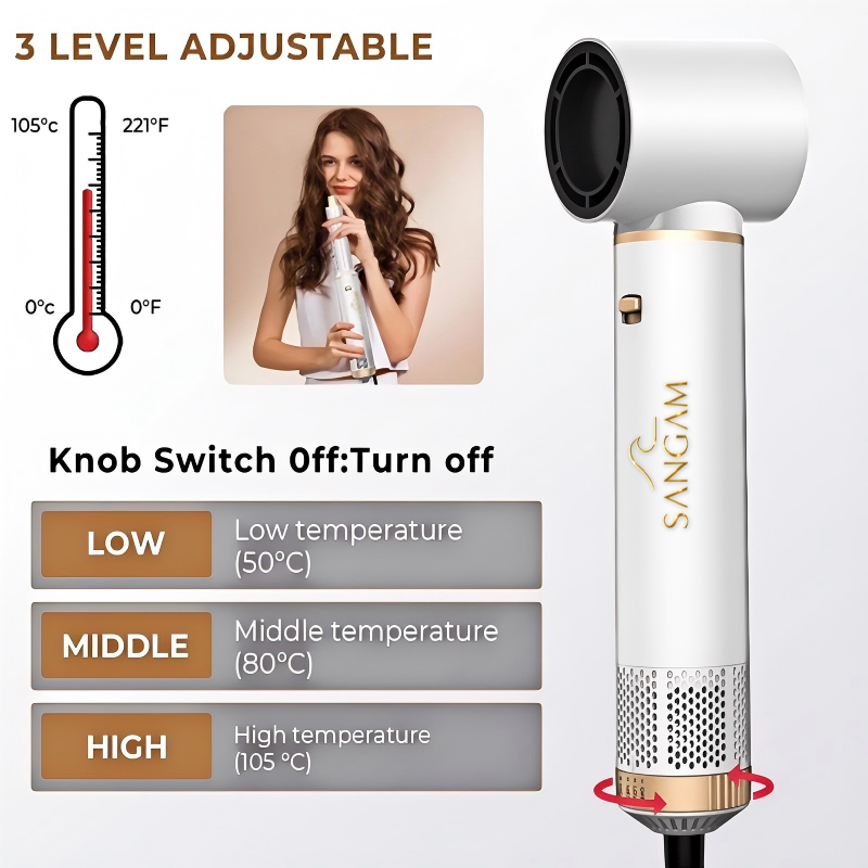 Salon Speed 5 In 1 Hair Styler with multiple attachments for drying, curling, smoothing, volumizing and straightening hair, premium gold and navy design