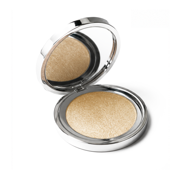 Sangam Highlighter Radiant Glow powder compact with lid open showing shimmering light highlighter