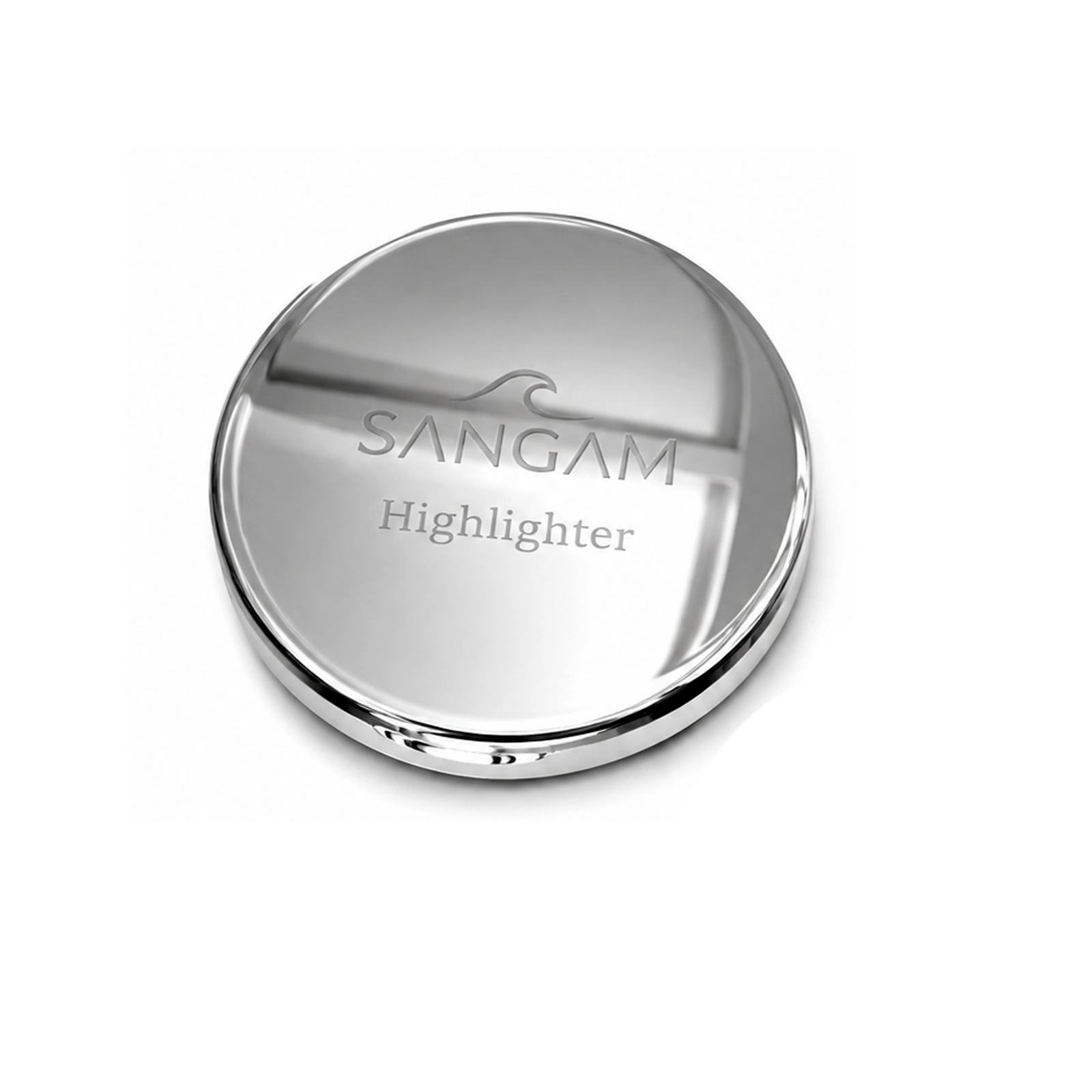 Sangam Highlighter Radiant Glow powder compact with lid open showing shimmering light highlighter