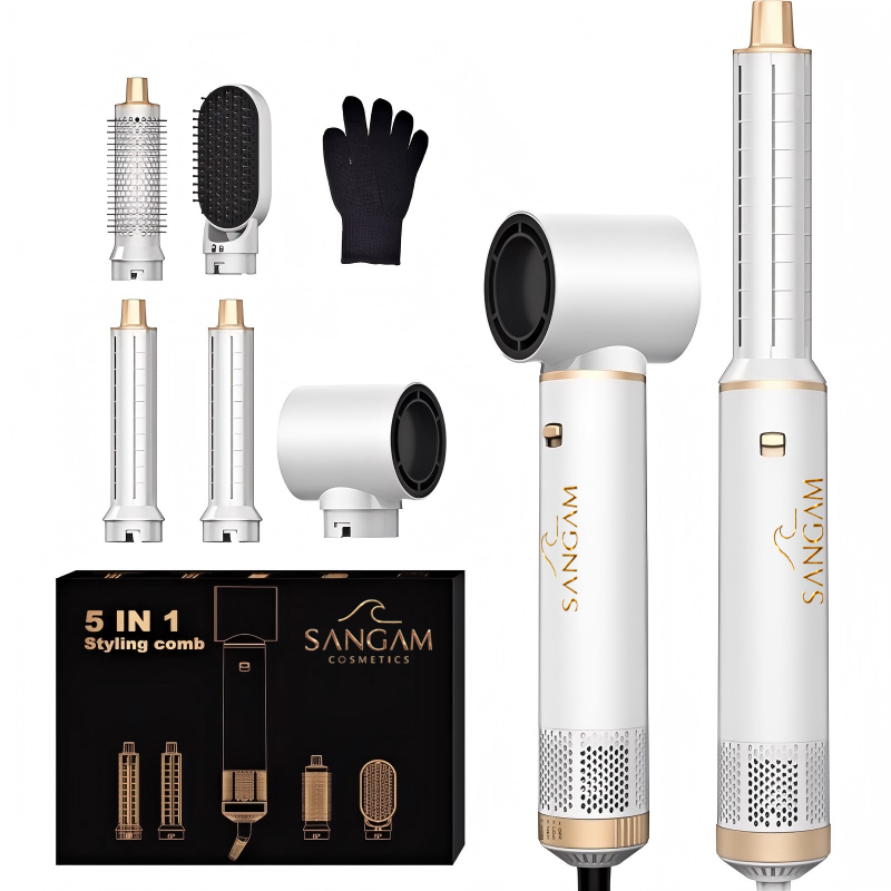 Salon Speed 5 In 1 Hair Styler with multiple attachments for drying, curling, smoothing, volumizing and straightening hair, premium gold and navy design
