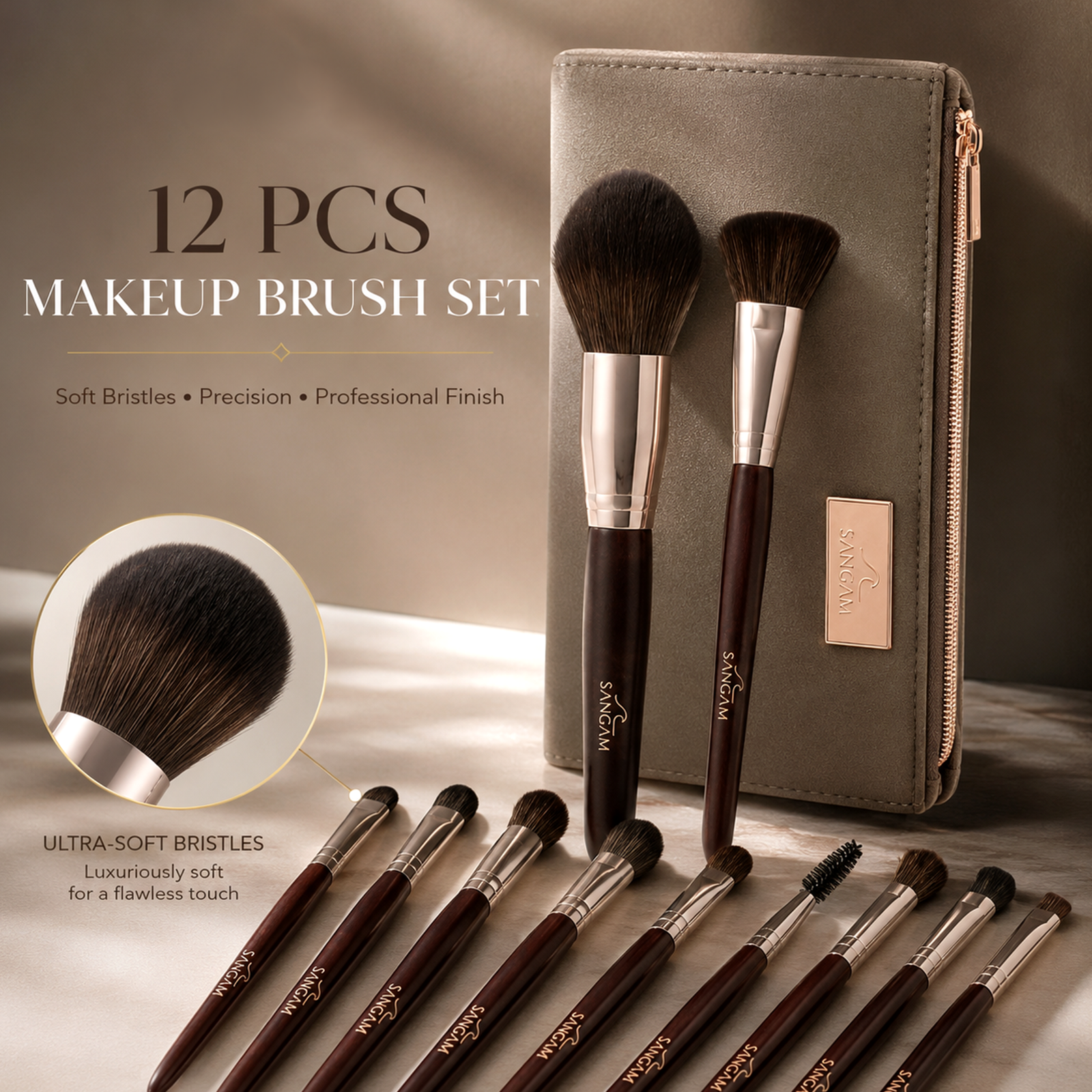 12PCS MAKEUP BRUSH SET WITH ZIPPER BAG - Image 2