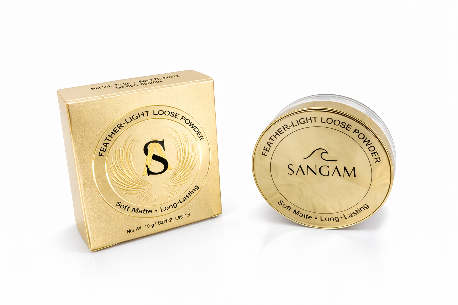 SANGAM Feather-Light Loose Powder FA-6822 packaging with soft matte long-lasting finish