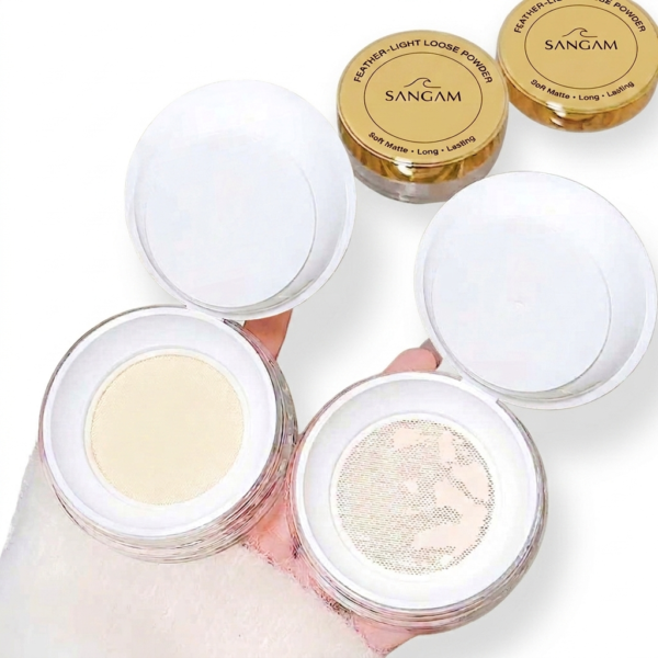SANGAM Feather-Light Loose Powder FA-6822 packaging with soft matte long-lasting finish
