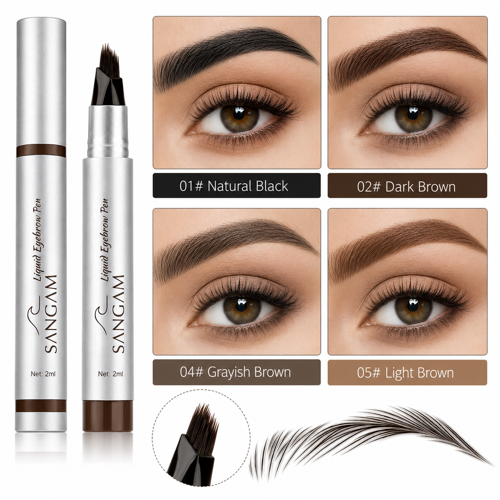 SANGAM eyebrow pen comparison infographic showing precision brush tip, stroke results, and eyebrow shade examples