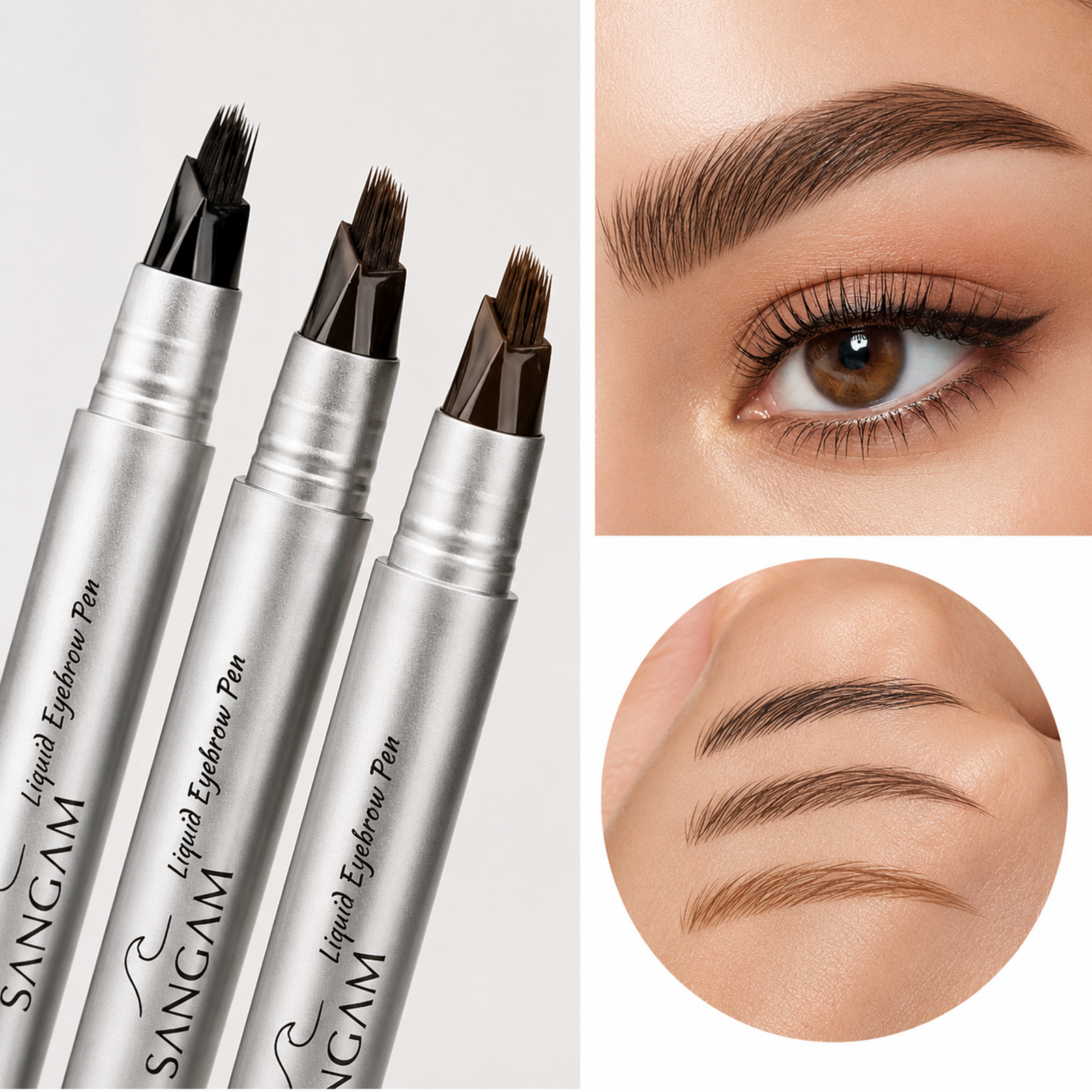 SANGAM eyebrow pen comparison infographic showing precision brush tip, stroke results, and eyebrow shade examples