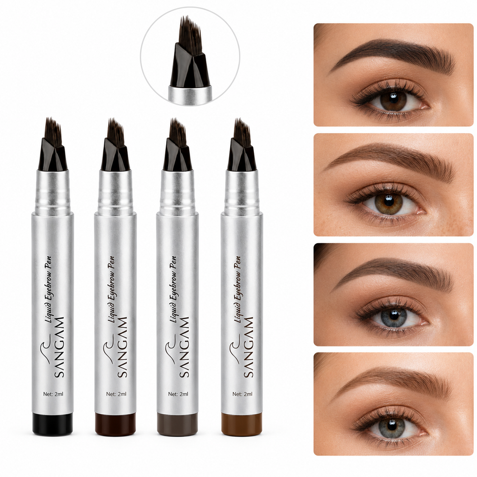 SANGAM eyebrow pen comparison infographic showing precision brush tip, stroke results, and eyebrow shade examples