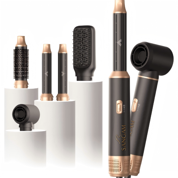 SANGAM Aura 5 In 1 Low Heat Hair Styler with multiple attachments for curling, drying, smoothing and volumizing, premium matte gold finish
