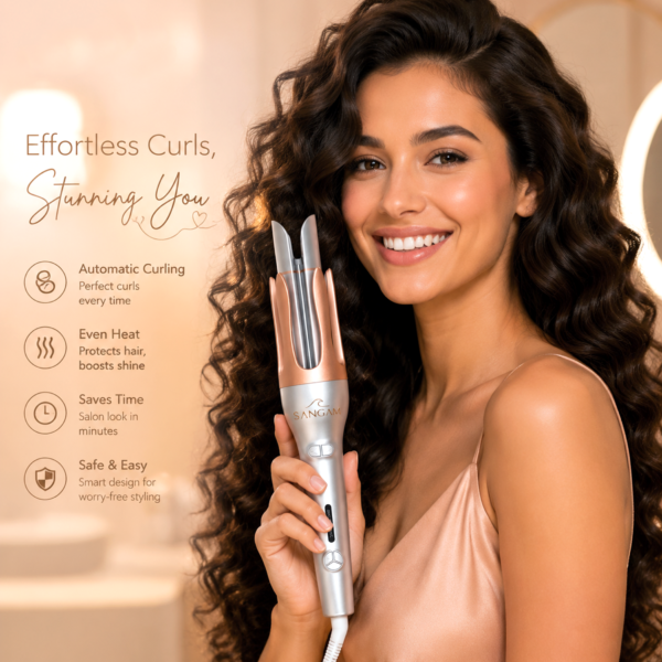 SANGAM Fast Heat Auto Hair Curler with ceramic barrel for smooth glossy curls and easy one button styling