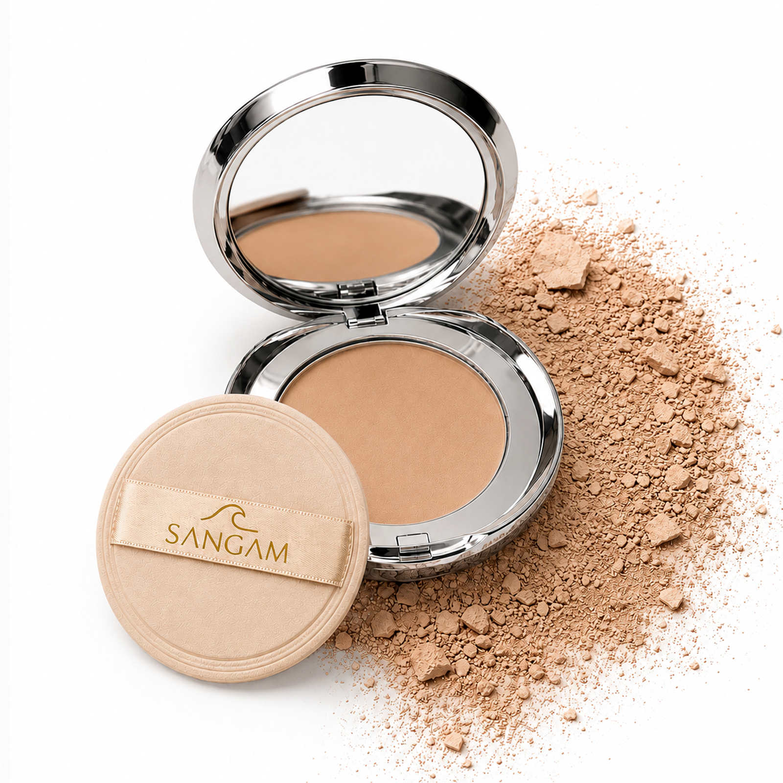compact powder with lid open showing light matte finish