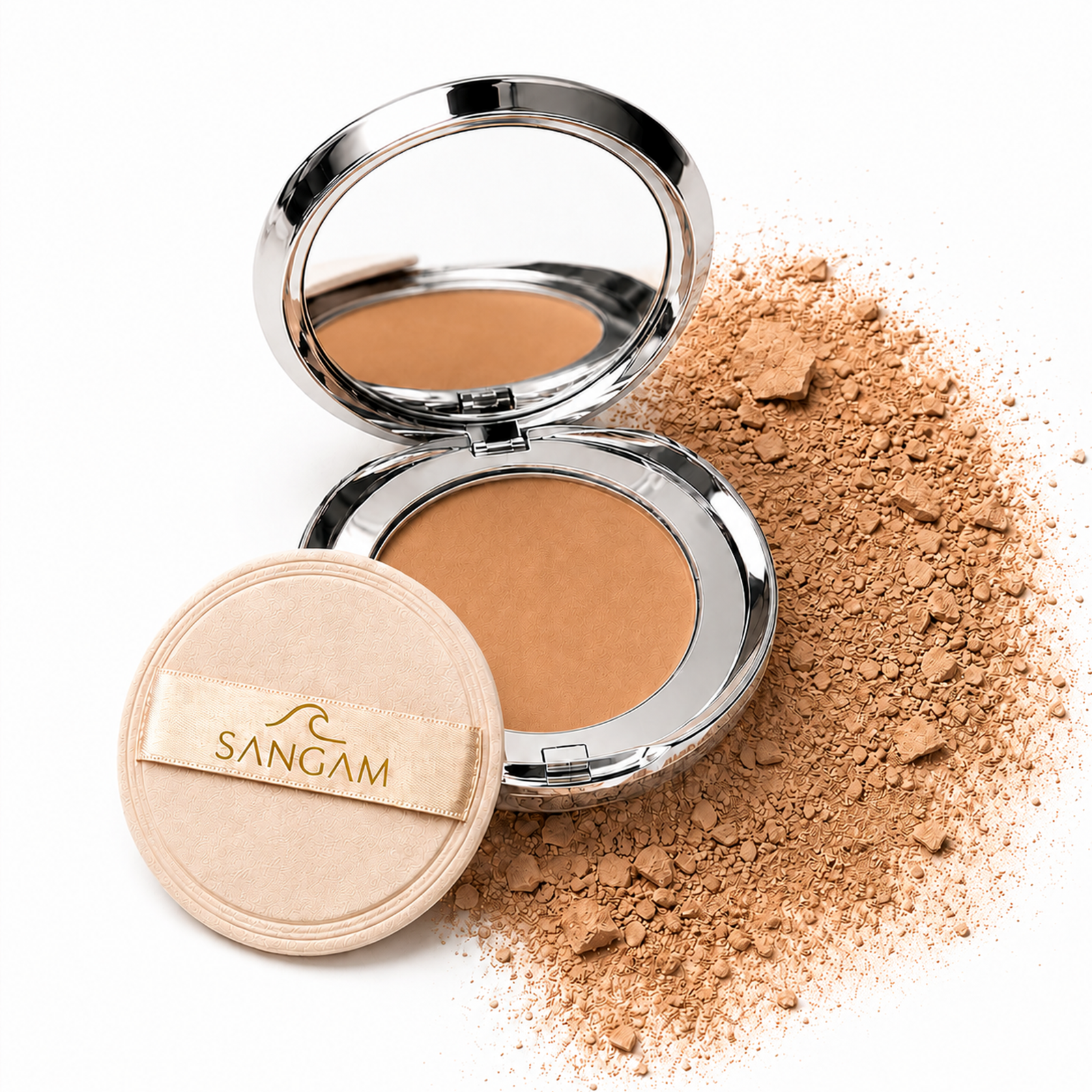 compact powder with lid open showing light matte finish