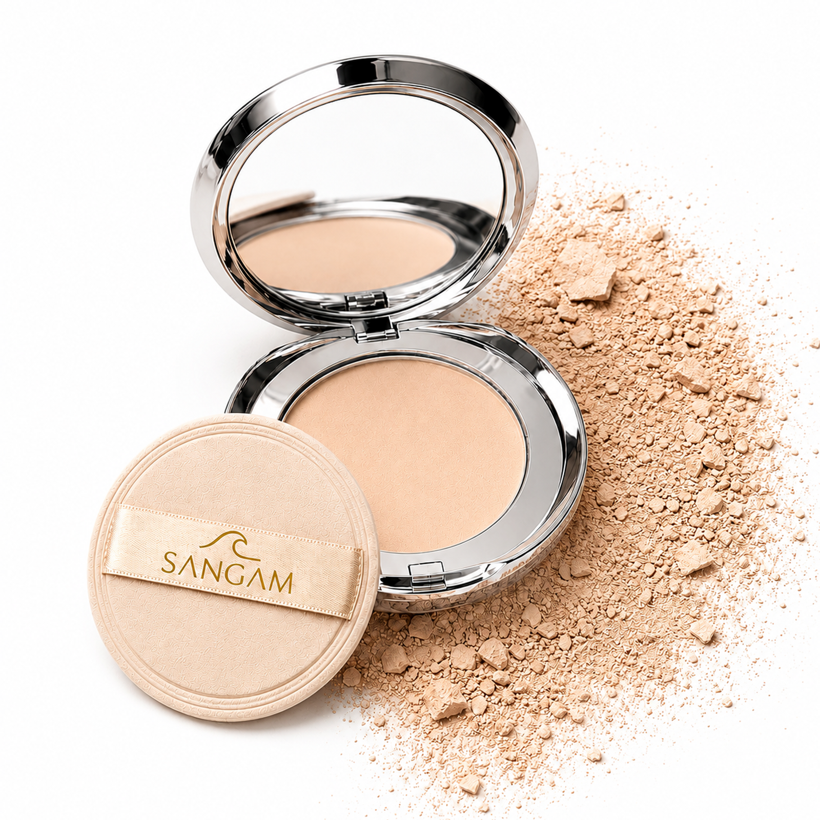 compact powder with lid open showing light matte finish