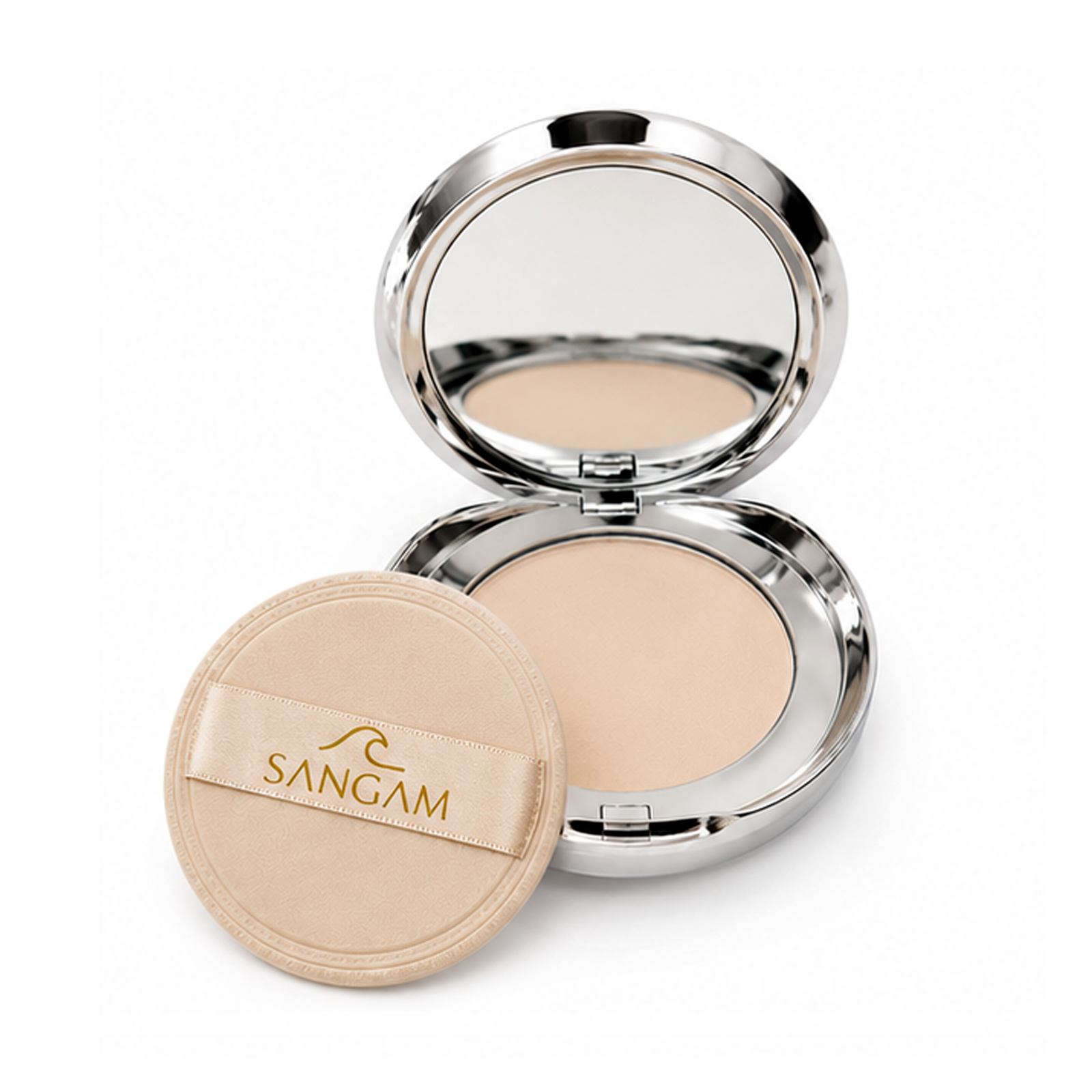 compact powder with lid open showing light matte finish