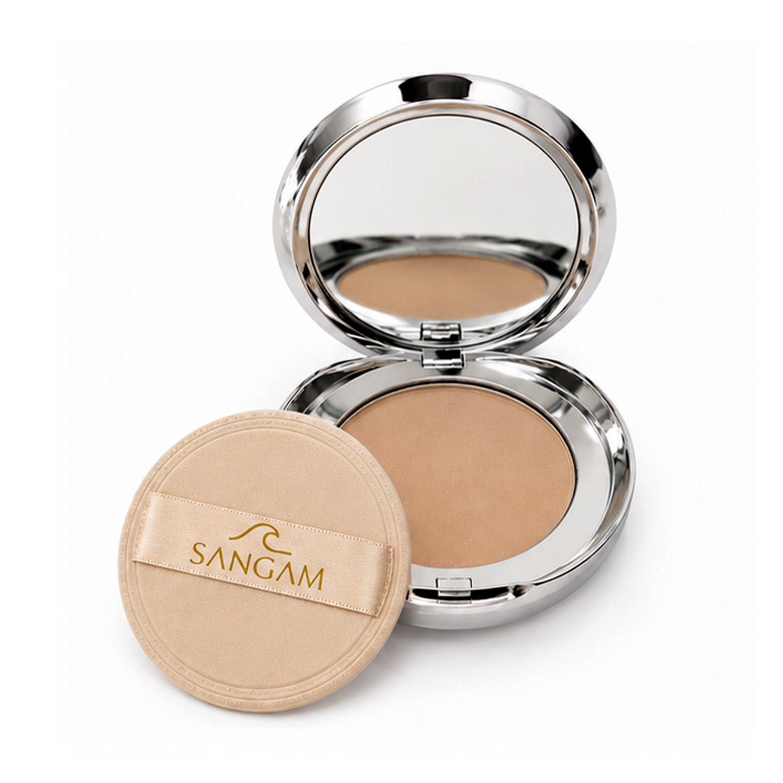 compact powder with lid open showing light matte finish