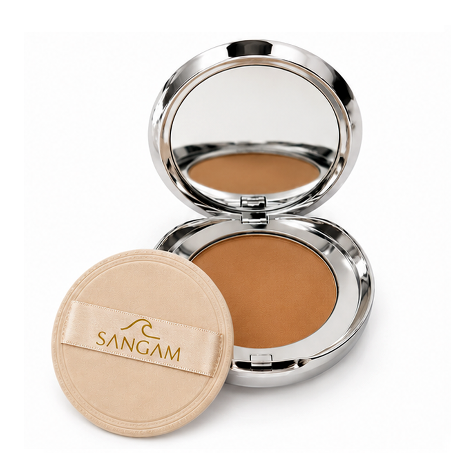 compact powder with lid open showing light matte finish