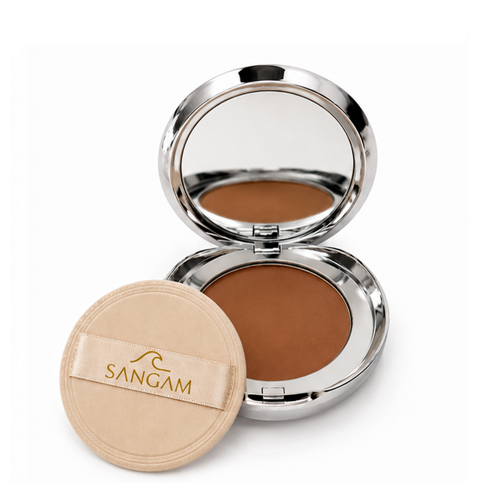 compact powder with lid open showing light matte finish