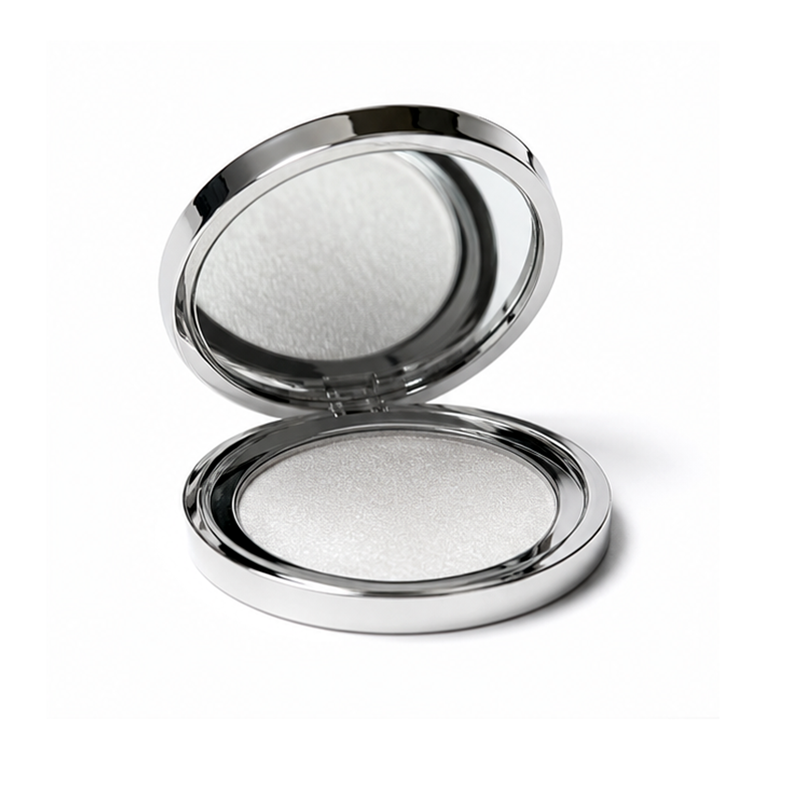 Sangam Highlighter Radiant Glow powder compact with lid open showing shimmering light highlighter
