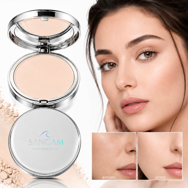 compact powder with lid open showing light matte finish