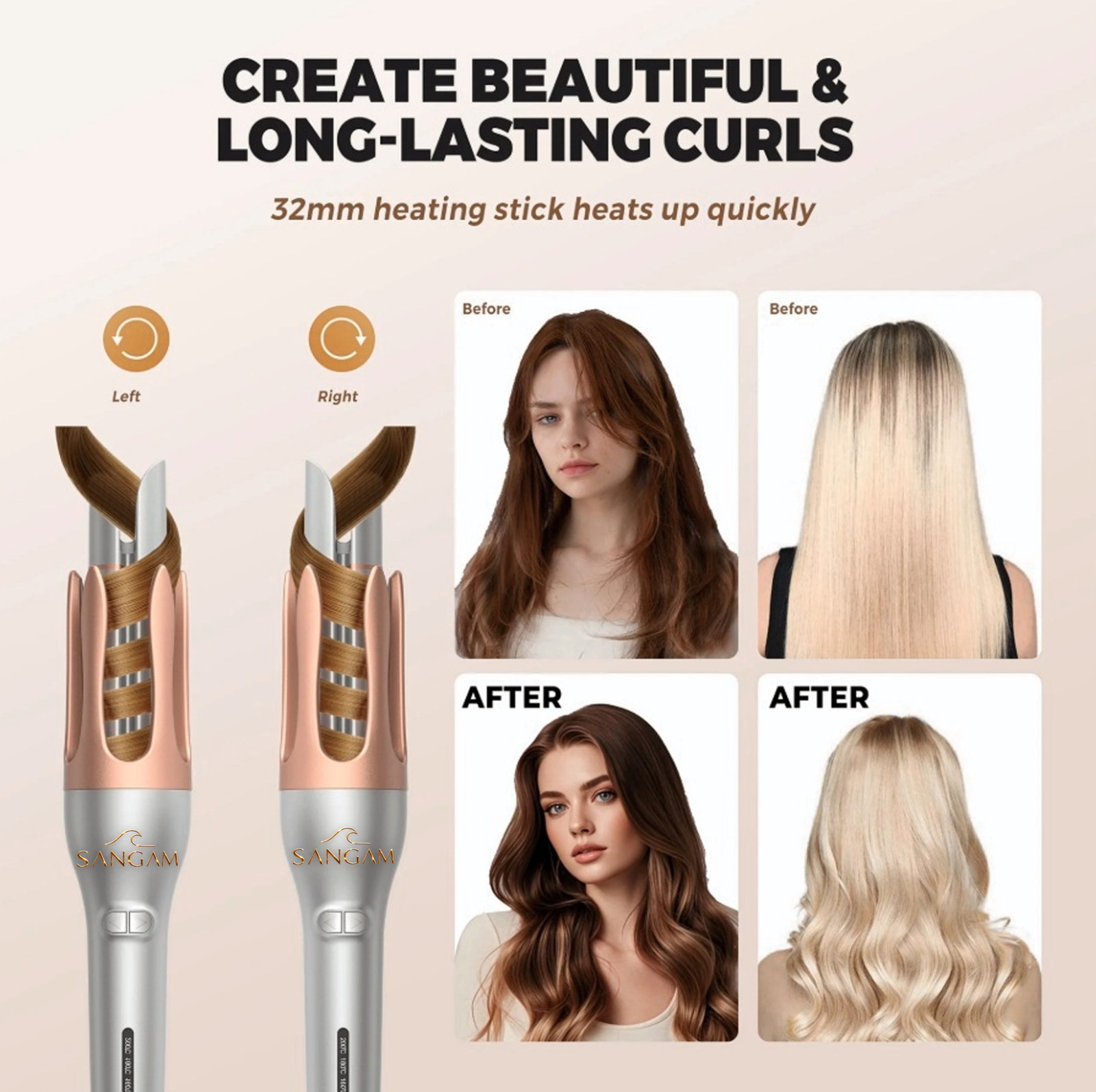 SANGAM Fast Heat Auto Hair Curler with ceramic barrel for smooth glossy curls and easy one button styling