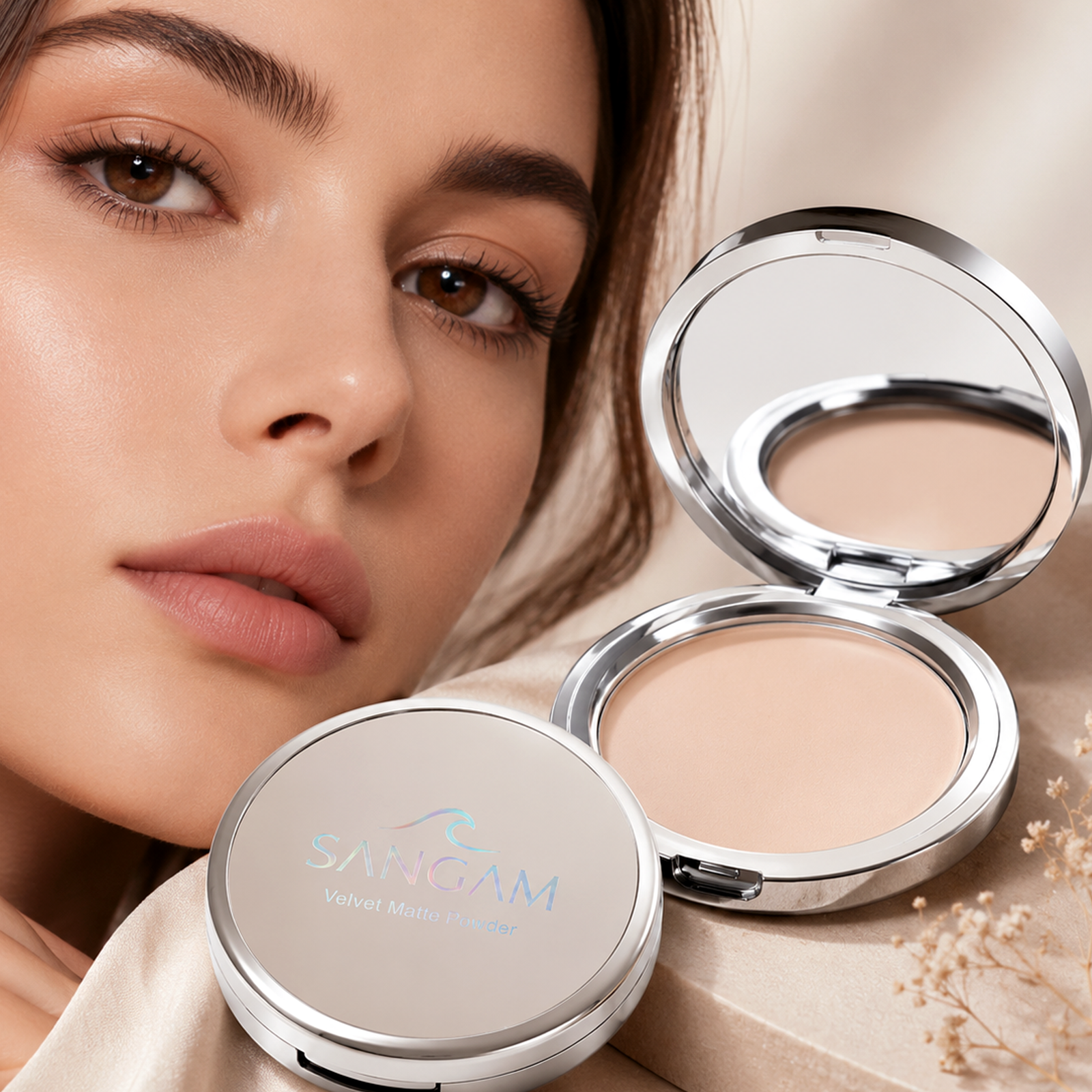 compact powder with lid open showing light matte finish