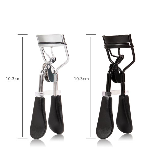 SANGAM Eyelash Curler in black and silver showing steel bracket, ergonomic handle, and non-slip rubber mat. Title:
