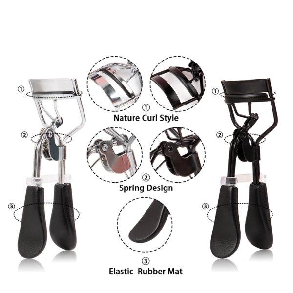 SANGAM Eyelash Curler in black and silver showing steel bracket, ergonomic handle, and non-slip rubber mat.
