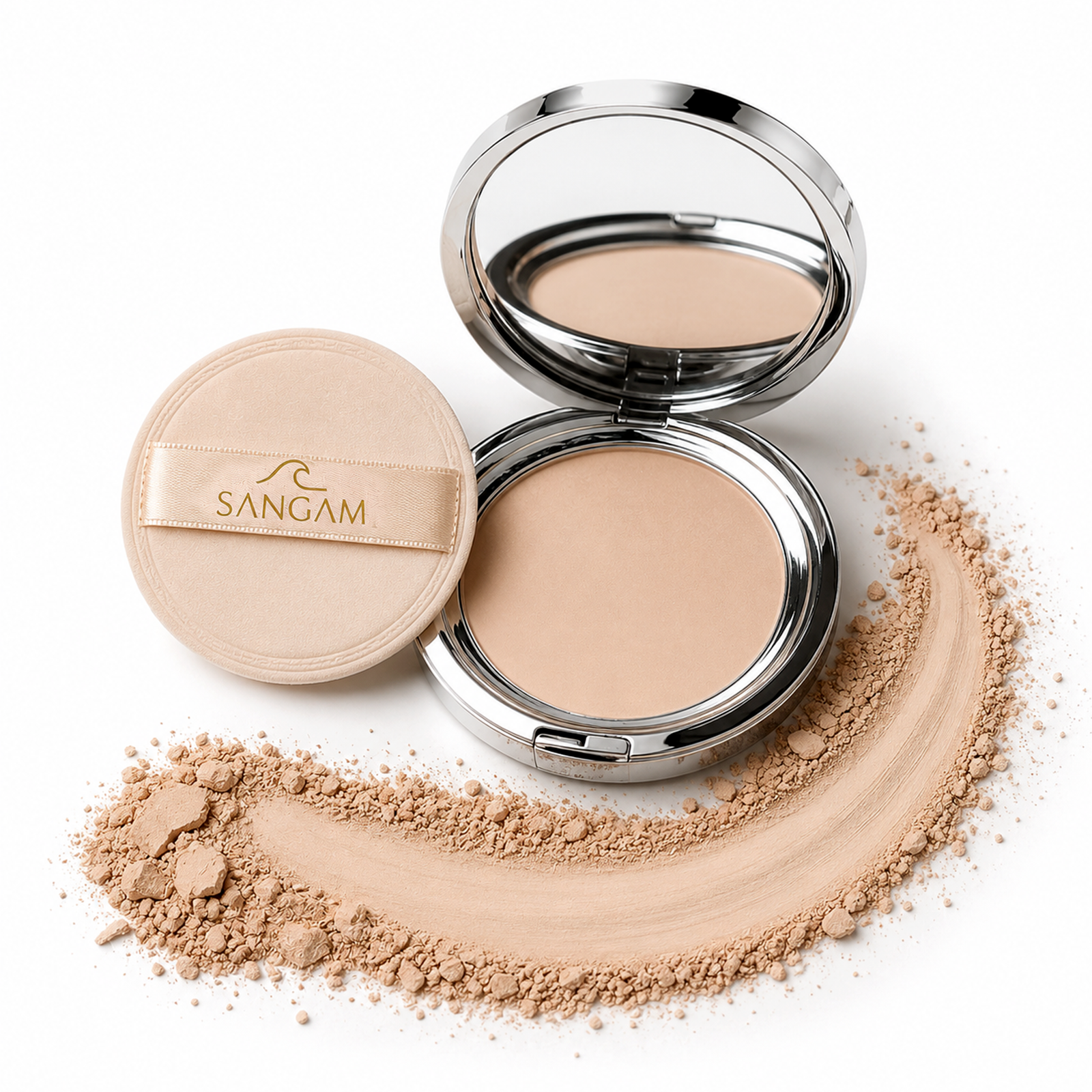compact powder with lid open showing light matte finish