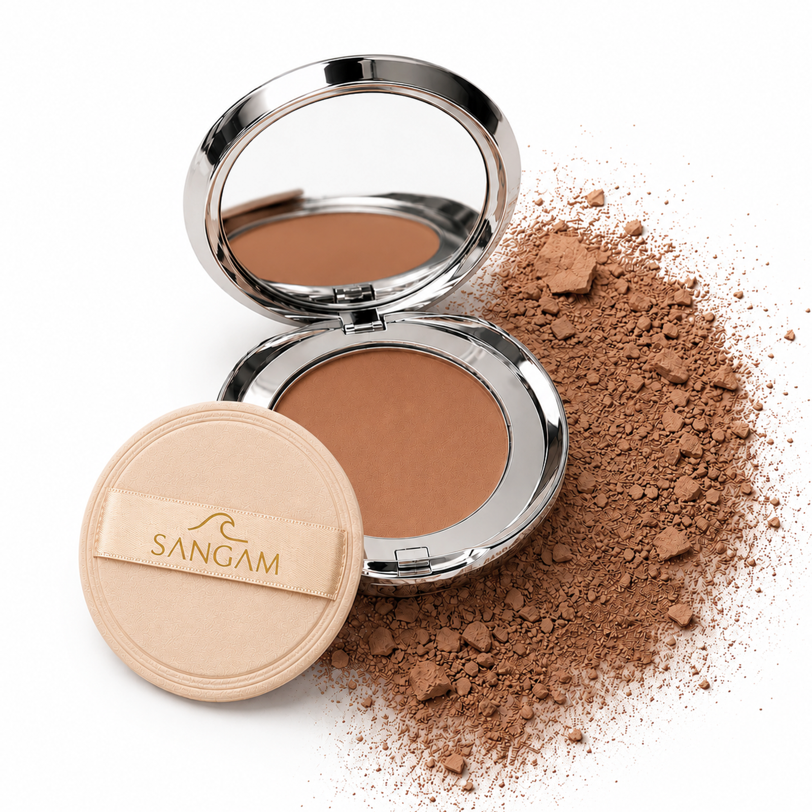 compact powder with lid open showing light matte finish